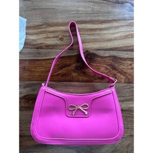 Hot Pink Faux Leather Bow Baguette Shoulder Bag Y2K Style Gold Bow Accent
